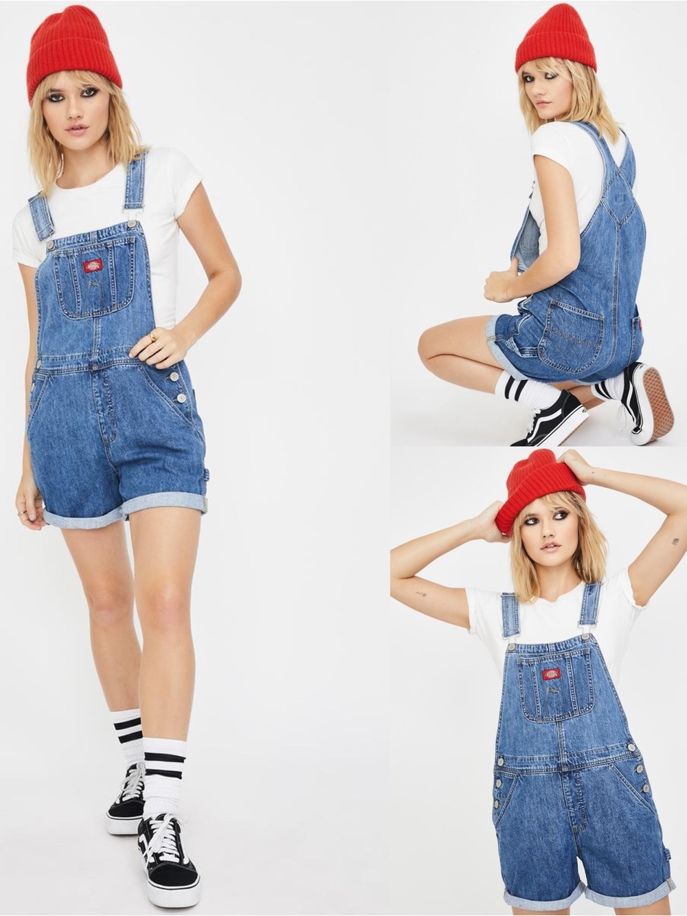 Dickies Womens Medium Wash Classic Denim Roll Hem Shortall Size Large - Picture 8 of 8